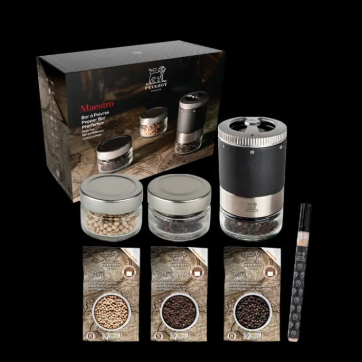 Hot PEUGEOT Bar à poivre Maestro avec Moulin, Réservoirs et 3 poivres