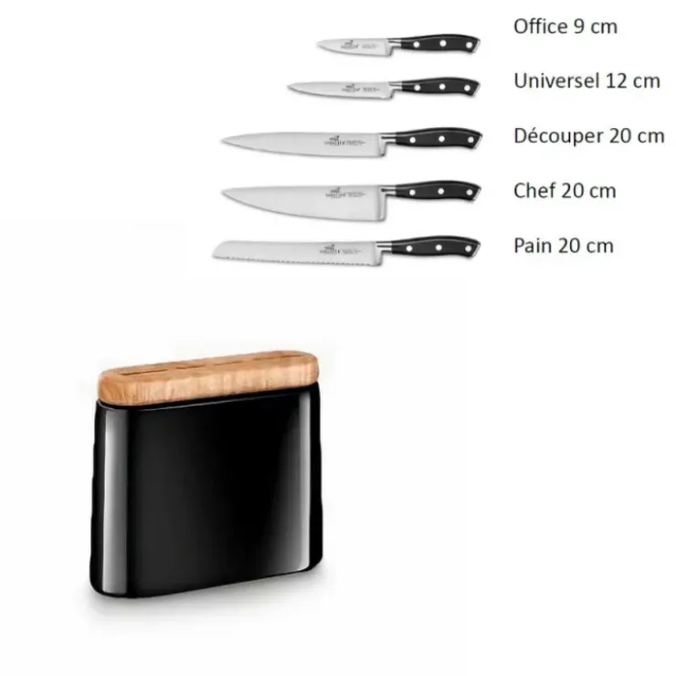 SABATIER Bloc Couteau Noir Manille avec 5 Couteaux de Cuisine Ysis