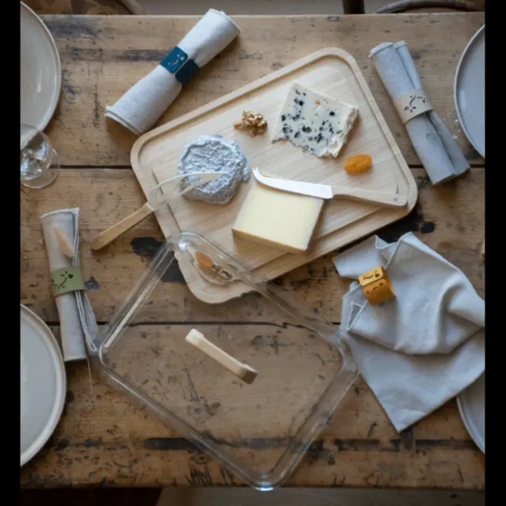 New PEBBLY Boîte à Fromage avec Cloche en Verre et Plateau en Bambou 34 x 25 cm