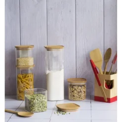 Sale PEBBLY Boîte de Conservation en Verre et Bambou Carré 1,4 L