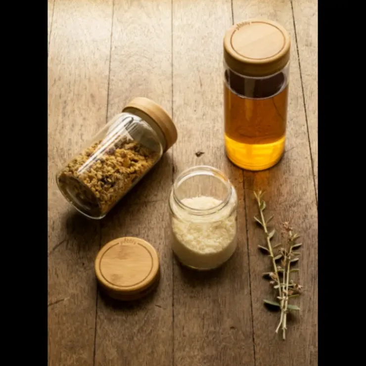 Sale PEBBLY Boîte de Conservation en Verre et Bambou Rond 850 ml