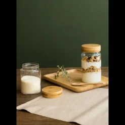 Sale PEBBLY Boîte de Conservation en Verre et Bambou Rond 850 ml