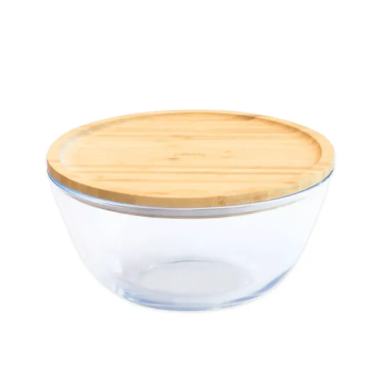 Hot PEBBLY Boîte de Conservation en Verre et Bambou Rond 2,6 L
