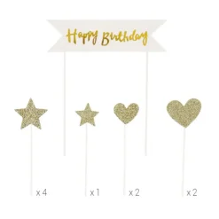 Clearance PATISDECOR Cake Topper Happy Birthday Cœurs et Étoiles Dorés (x10) Patisdécor