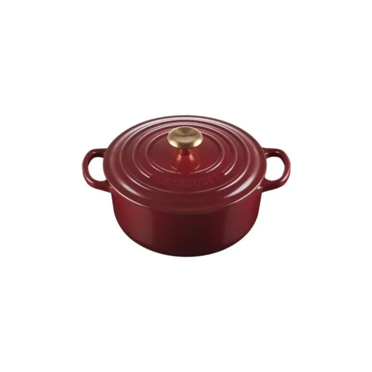New LE CREUSET Cocotte en Fonte Ronde 20 cm Garnet Bouton Doré Signature