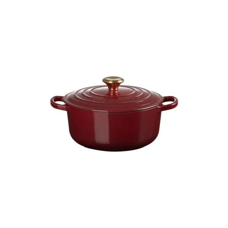 New LE CREUSET Cocotte en Fonte Ronde 20 cm Garnet Bouton Doré Signature