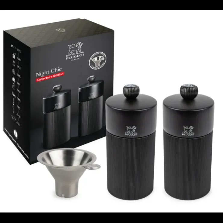 Outlet PEUGEOT Coffret 2 Moulins Manuels Sel & Poivre Noir Mat 12 cm + Entonnoir