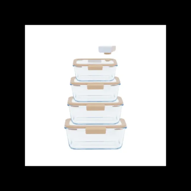 PEBBLY Coffret de 4 Boîtes de Conservation en Verre et Pompe de Mise Sous-Vide