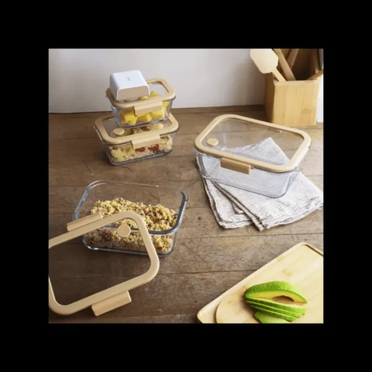 PEBBLY Coffret de 4 Boîtes de Conservation en Verre et Pompe de Mise Sous-Vide