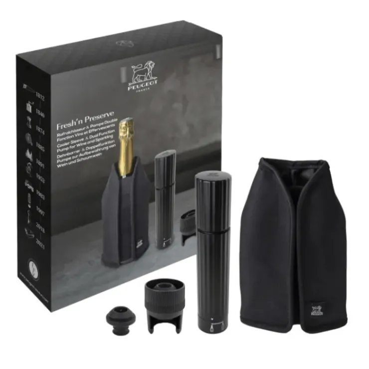 Outlet PEUGEOT Coffret Pompe à Vin et Champagne Double Manuelle ABS + Rafraichisseur Frizz Noir