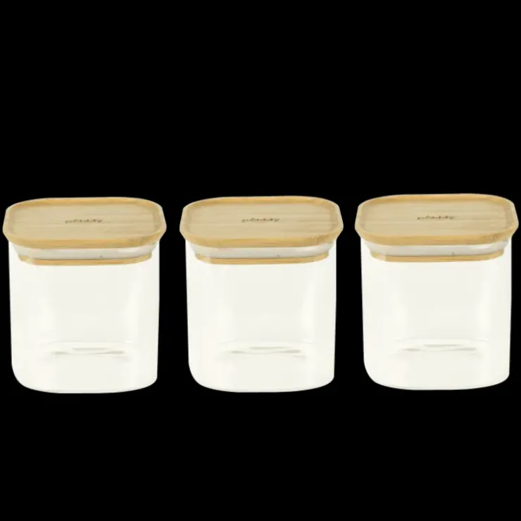 Sale PEBBLY Lot 3 Boîtes de Conservation en Verre et Bambou Carré 800 ml