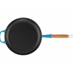 New LE CREUSET Poêle en Fonte 28 cm Azur avec Manche en Bois Signature